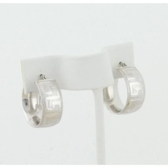 14k White Gold Hollow Lightweight Greek Key Hoop Earrings 3/4" Hoops - Picture 1 of 7